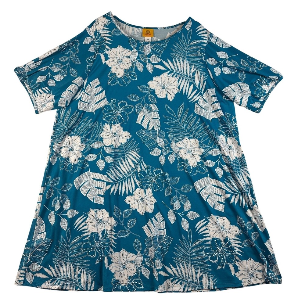 Ruby Rd. Woman 2X Teal White Tropical Floral Stretchy Pullover Dress‎ Puff Print